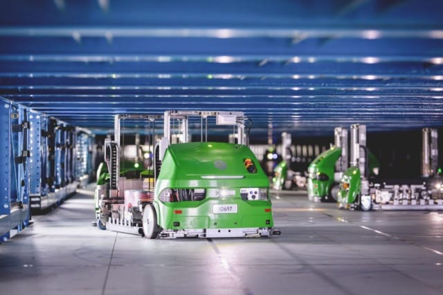 Symbotic warehouse robots, photographed for the company’s robot product page.